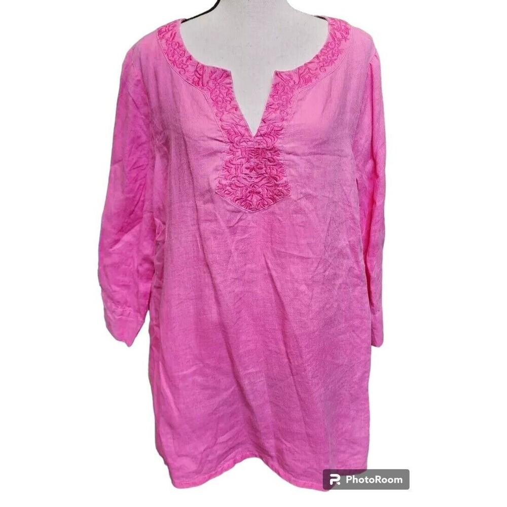 Susan Bristol Embroidered Hippie Linen Tunic Pink Size 1X Boho